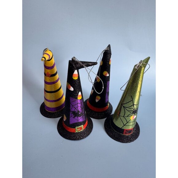 4 Witches Hat Halloween Metal Ornaments 6" With Glitter & Festive Designs - Picture 5 of 7